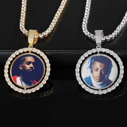 Custom Rotating Double-Sided Round Photo Pendant Necklace with Micro-Pave Zircon Stones | Caratix Jewelry - CaratixJewelry