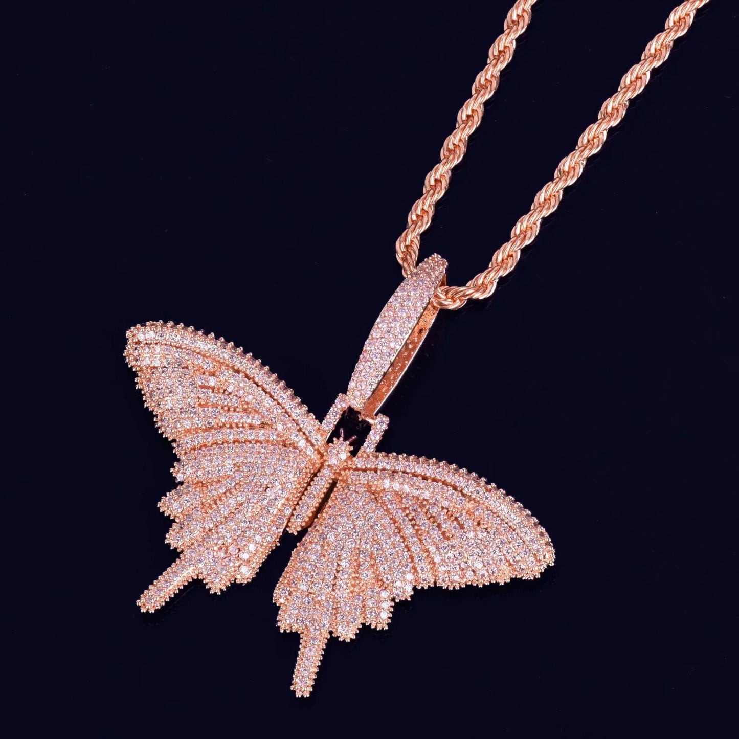 Vibrant Pink Iced Out Butterfly Pendant | Unisex Hip Hop Rock Necklace | Premium Copper Pink Zircon Jewelry | Y2K Streetwear Bling | Caratix - CaratixJewelry