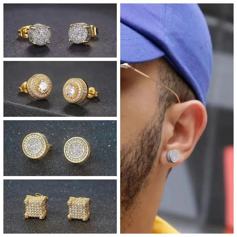 Iced Out Hip Hop Studs - Square & Round CZ Earrings for Men