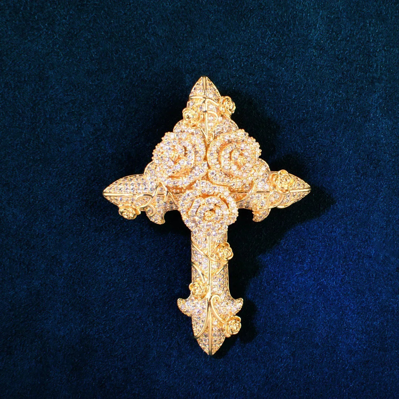 Iced Out Rose Cross Pendant Rope Chain Necklace - CaratixJewelry