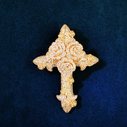 Iced Out Rose Cross Pendant Rope Chain Necklace - CaratixJewelry