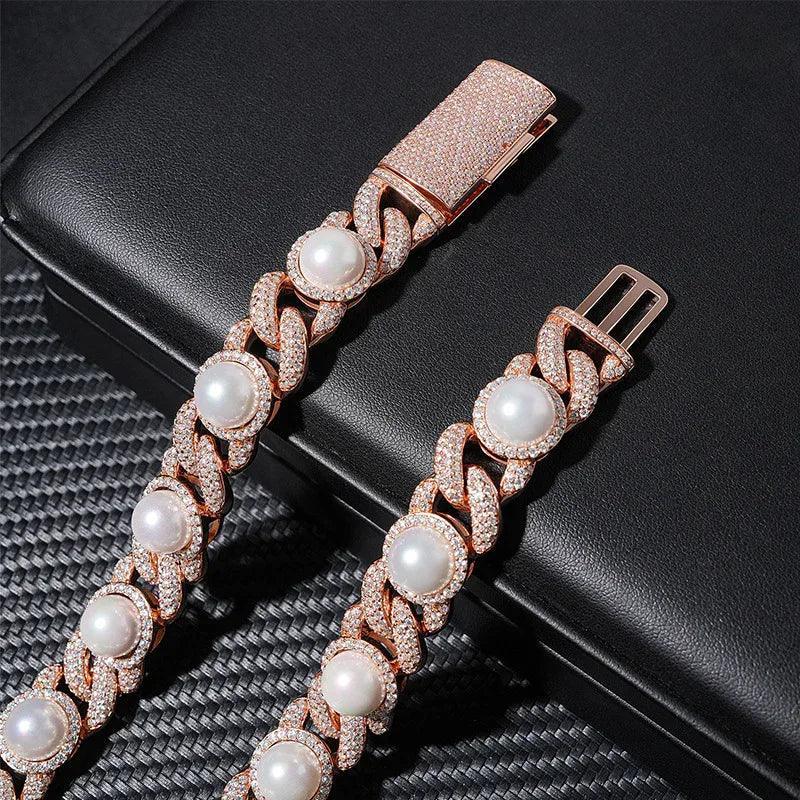 15mm Pearl Moissanite Cuban Link Necklace | S925 Silver Men’s Hip Hop Chain - CaratixJewelry