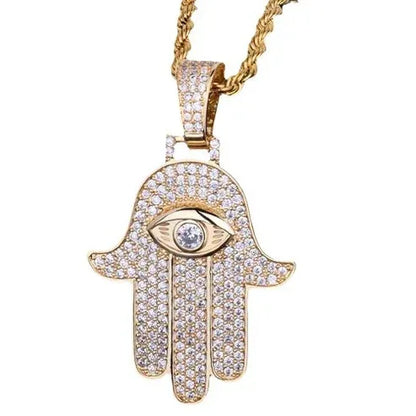 Iced Out Hamsa Hand Pendant Men's Hand of Fatima Necklace Caratix - CaratixJewelry
