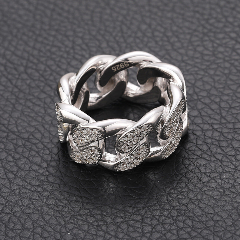 S925 Sterling Silver Moissanite Cuban Link Ring – Iced-Out Hip-Hop Chain Band for Men