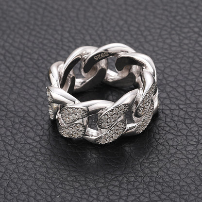 S925 Sterling Silver Moissanite Cuban Link Ring – Iced-Out Hip-Hop Chain Band for Men