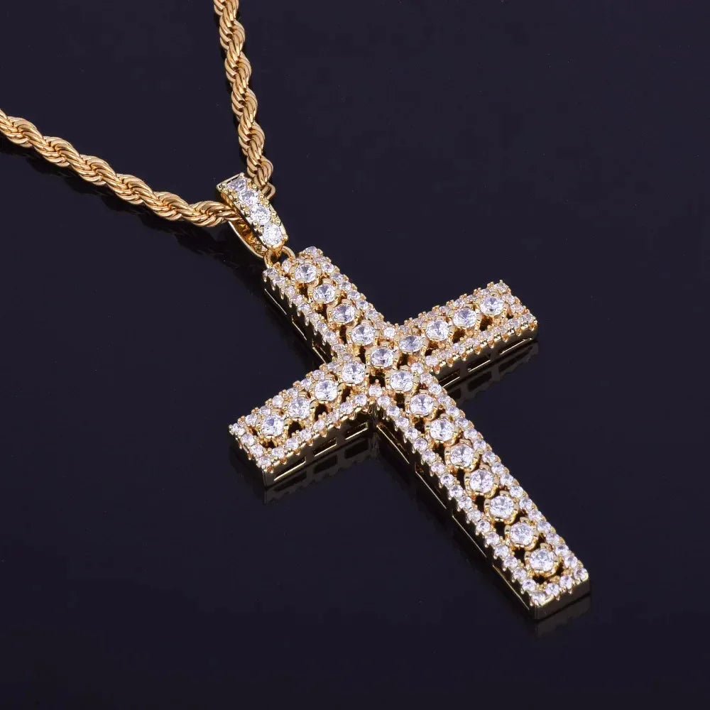 Iced Out Hollow Cross Pendant | Men's Openwork Frame Necklace | Premium Copper CZ Structural Jewelry | 3D Skeleton Bling | Caratix - CaratixJewelry