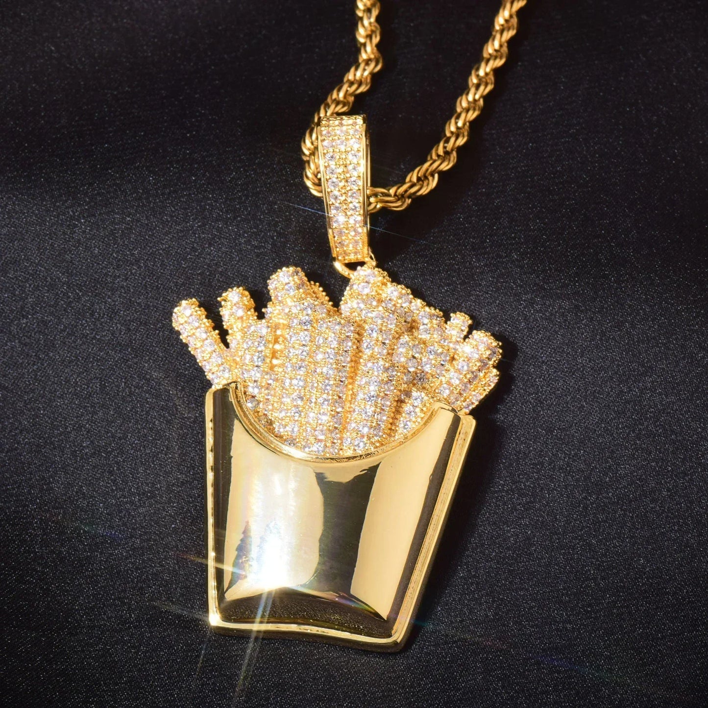 Iced Out French Fries Pendant Necklace | CZ Hip Hop Unisex Trendy Jewelry - CaratixJewelry