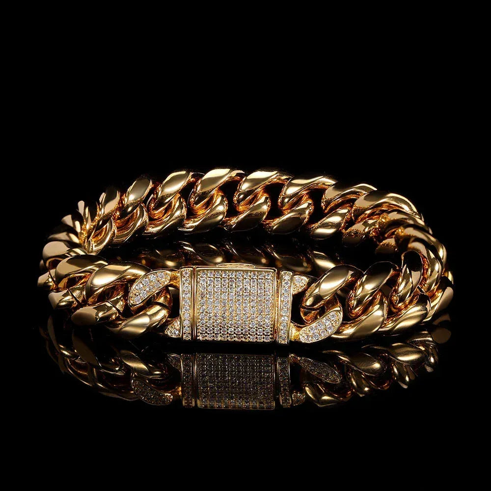 12mm Gold Plated Zircon Cuban Link Bracelet Caratix Jewelry - CaratixJewelry