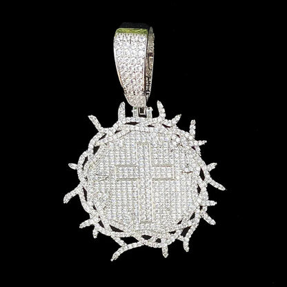 Iced Out Thorns Disc Cross Pendant | Men's Real Copper CZ Shield Necklace - CaratixJewelry