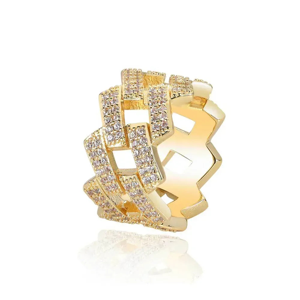 14mm -Shaped Cuban Ring with Double Row Zircon Stones and 18K Gold Plating for Men | Trendy Hip Hop Jewelry | Caratix Jewelry - CaratixJewelry