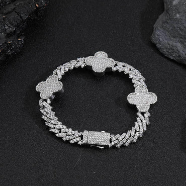 Clover-Shaped Zircon Cuban Link Bracelet with Spring Clasp - CaratixJewelry