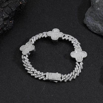 Clover-Shaped Zircon Cuban Link Bracelet with Spring Clasp - CaratixJewelry