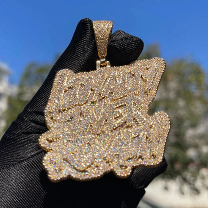 Loyalty over Royalty Iced Out Pendant for Men & Women | Hip Hop Script Lettering Necklace | Premium Copper CZ Jewelry | Unisex Bling | Caratix - CaratixJewelry