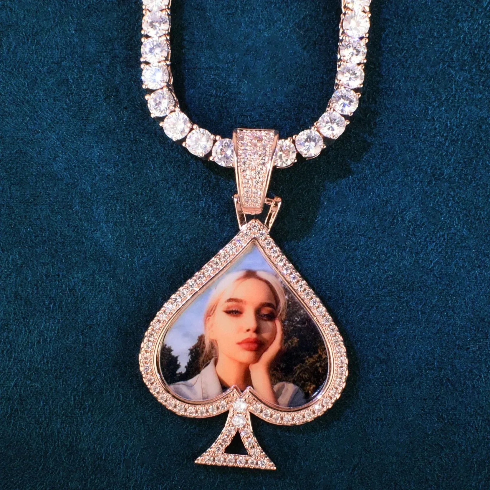 Spade Photo Pendant Necklace | Epoxy CZ Iced Out DIY Custom Hip Hop Jewelry - CaratixJewelry