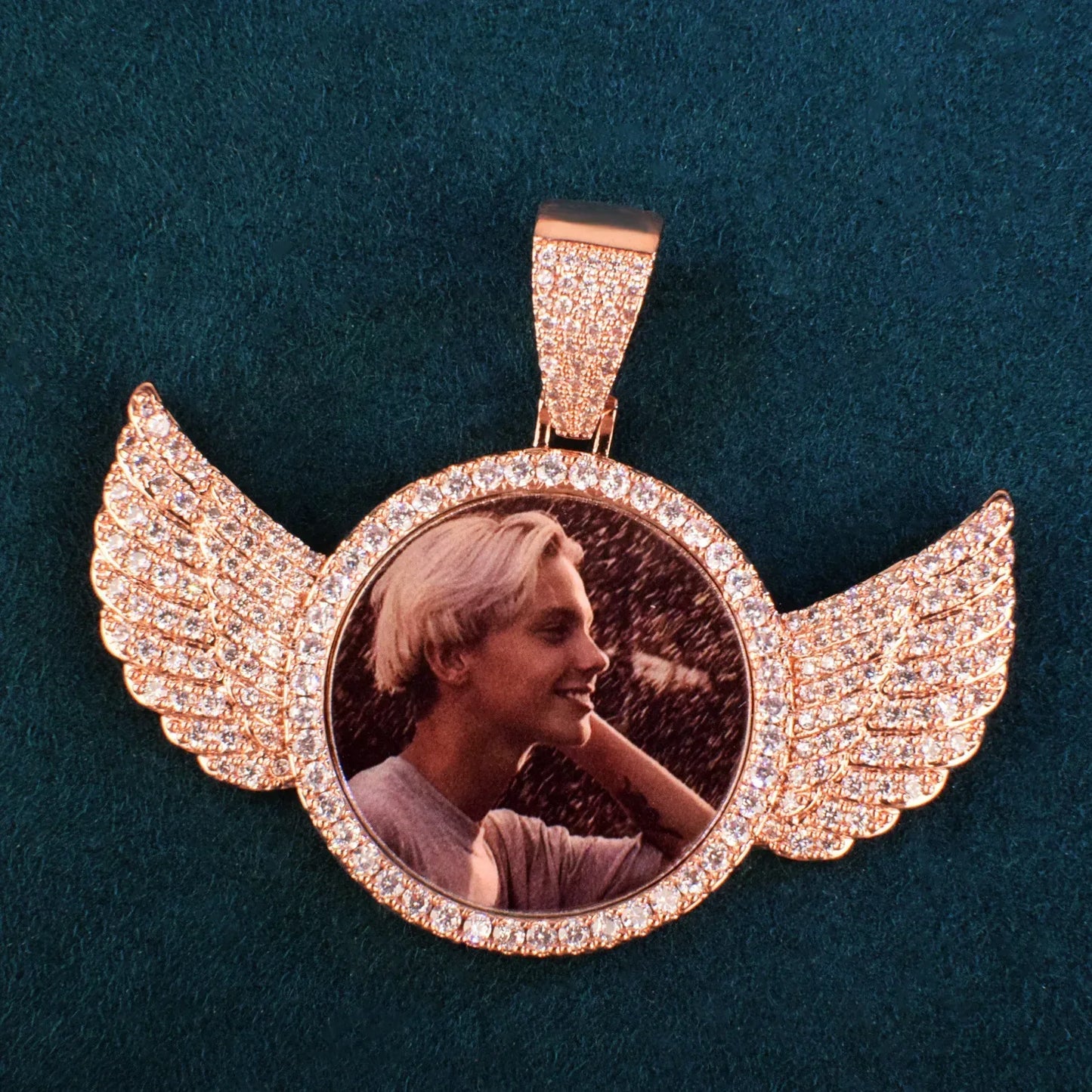 Small Wing Photo Pendant Necklace | CZ Iced Out Custom Picture DIY Couple Jewelry - CaratixJewelry