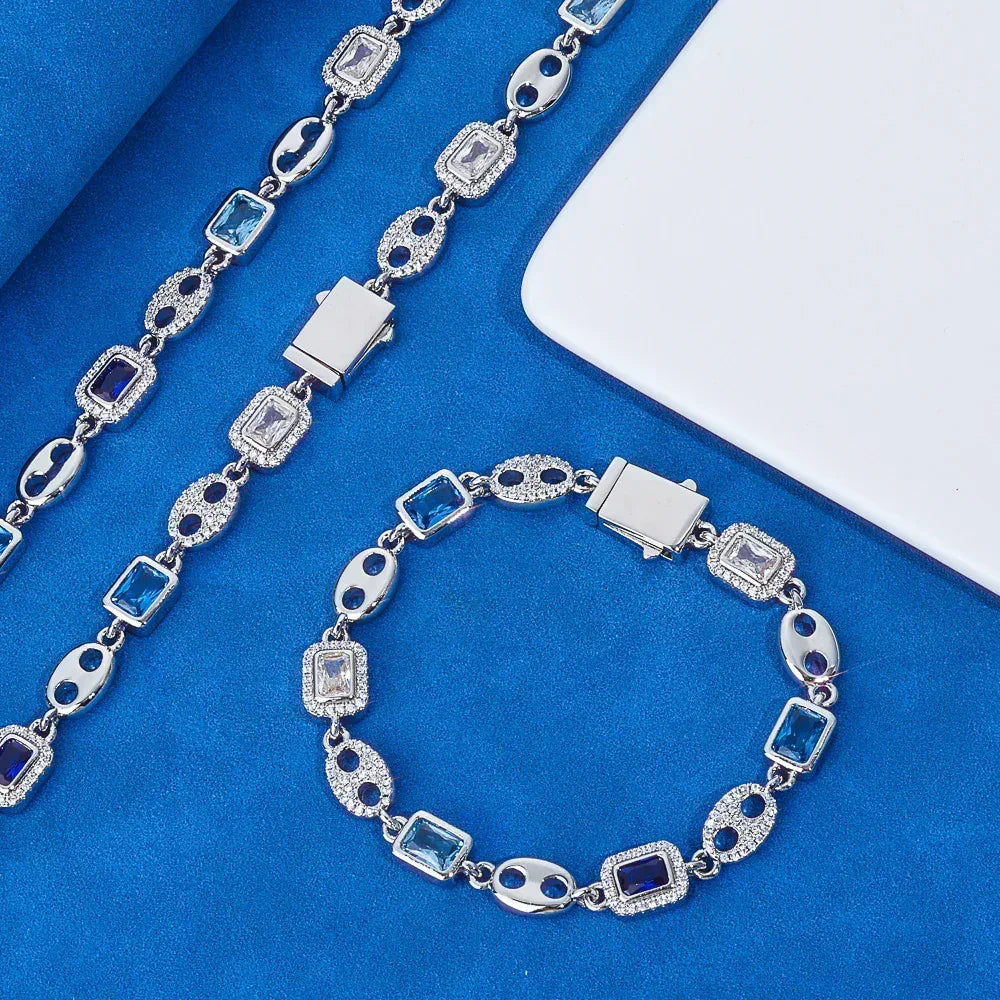 Custom 10mm Blue Gemstone Coffee Bean Chain | Minimalist Iced Out Jewelry | Caratix - CaratixJewelry