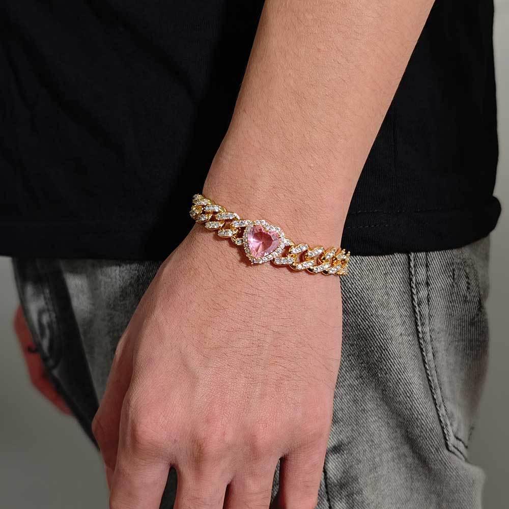 10mm Pink Zircon Heart Cuban Link Bracelet - CaratixJewelry