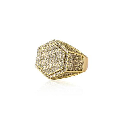 Men's Iced Out Hexagon Signet Ring | Geometric Micro-Pave Band | Caratix