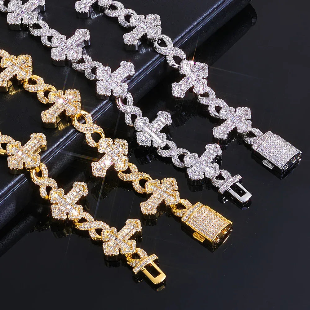 Custom 15mm Mixed Baguette Cross Necklace | Infinity 8-Link Rapper Iced Out Chain | Caratix - CaratixJewelry