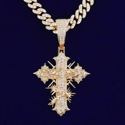 Women's Iced Out Thorned Gothic Cross Pendant | Hip Hop Spiky Cross Necklace | Genuine Copper CZ Jewelry | Street Luxe Bling | Caratix - CaratixJewelry