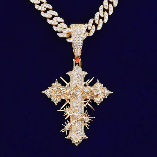 Women's Iced Out Thorned Gothic Cross Pendant | Hip Hop Spiky Cross Necklace | Genuine Copper CZ Jewelry | Street Luxe Bling | Caratix - CaratixJewelry
