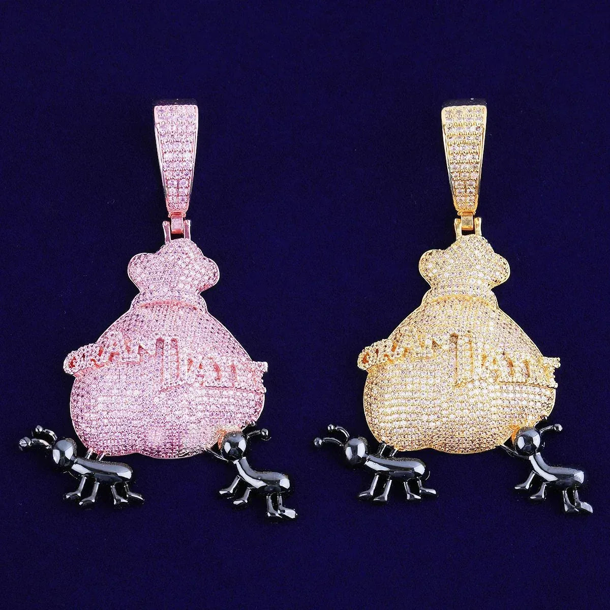 Iced Out Ant Carrying Money Bag Pendant | Men's & Women's "Secure The Bag" Necklace | Premium Copper CZ Hustle Jewelry | Motivational Bling | Caratix - CaratixJewelry