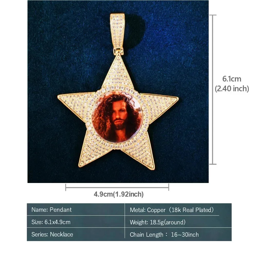 Star Photo Pendant Necklace | Epoxy CZ DIY Custom Picture Hip Hop Jewelry - CaratixJewelry
