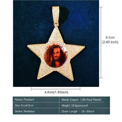 Star Photo Pendant Necklace | Epoxy CZ DIY Custom Picture Hip Hop Jewelry - CaratixJewelry