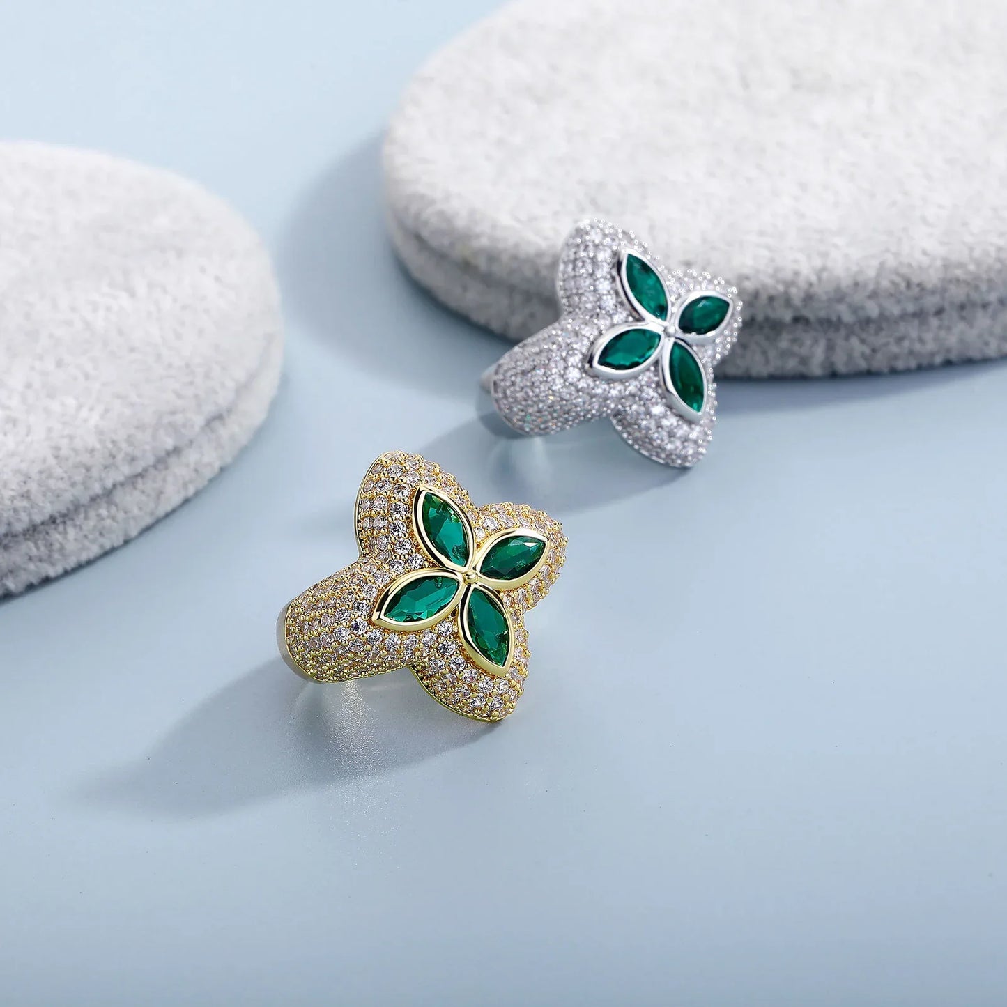 Men's Iced Out Clover Ring & Stud Earrings Set | Flower Motif Bling | Caratix