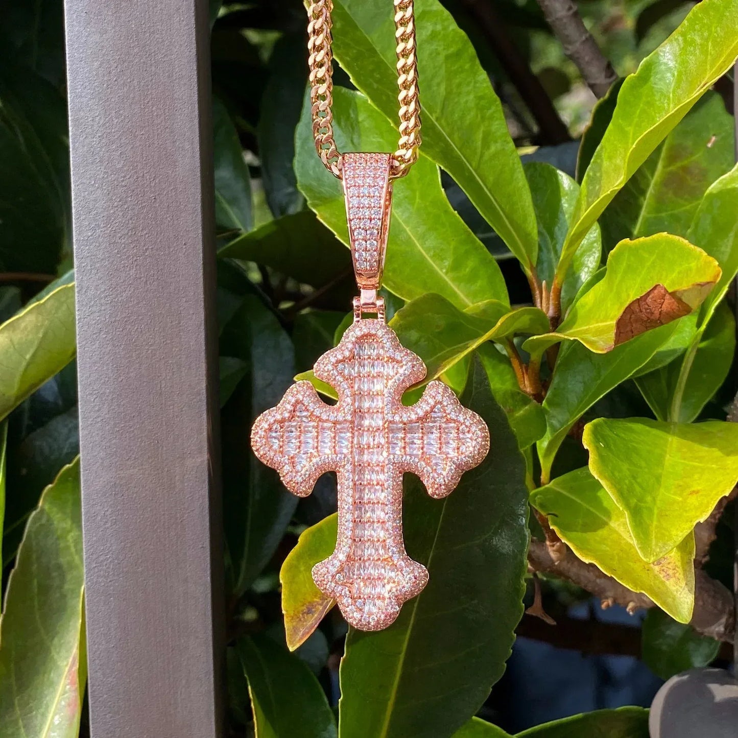 Iced Out Baguette Cross Pendant | Men's Real Copper CZ Necklace - CaratixJewelry