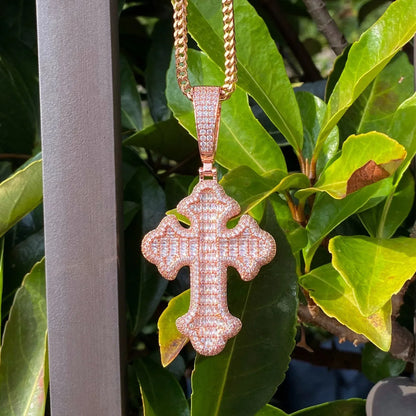 Iced Out Baguette Cross Pendant | Men's Real Copper CZ Necklace - CaratixJewelry