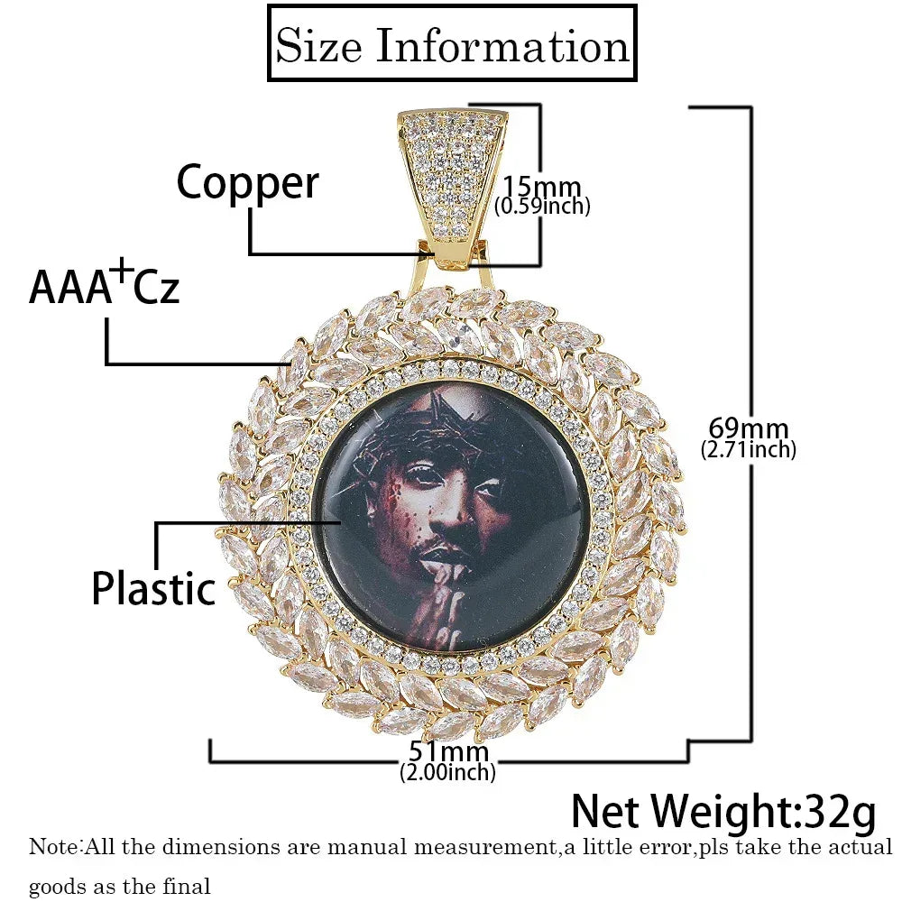 Custom Wheat Ear Round Photo Frame Pendant Necklace with Zircon Stones for Men | Caratix Jewelry - CaratixJewelry