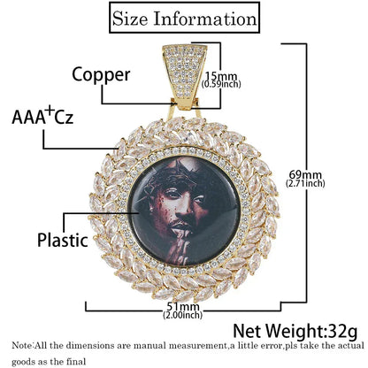 Custom Wheat Ear Round Photo Frame Pendant Necklace with Zircon Stones for Men | Caratix Jewelry - CaratixJewelry