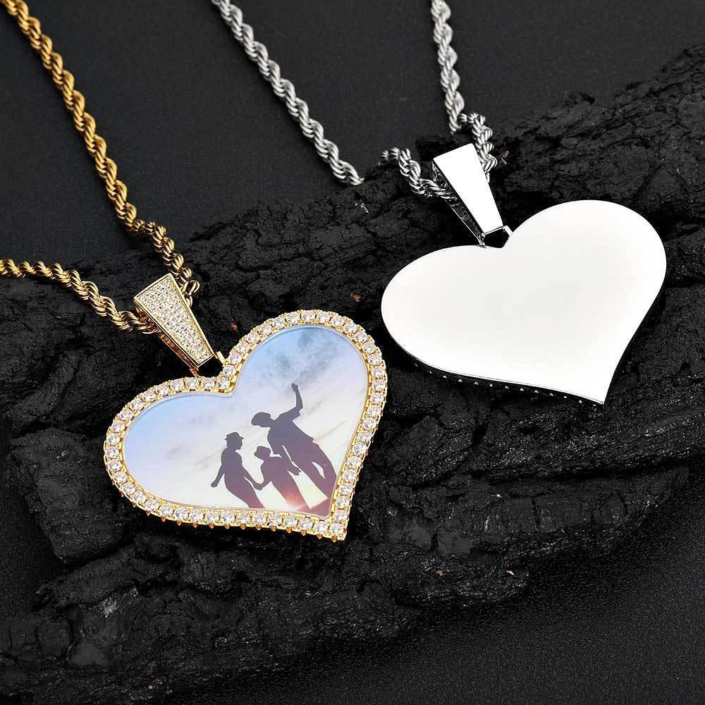 Large Heart Photo Frame Pendant Necklace with DIY Zircon Stones for Men | Caratix Jewelry - CaratixJewelry