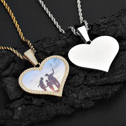 Large Heart Photo Frame Pendant Necklace with DIY Zircon Stones for Men | Caratix Jewelry - CaratixJewelry
