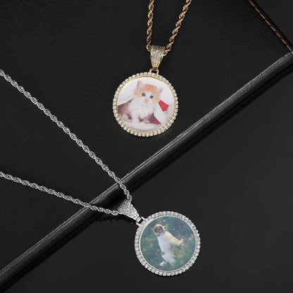 Custom Small Round Photo Pendant Necklace with Zircon Stones for Men | Caratix Jewelr - CaratixJewelry