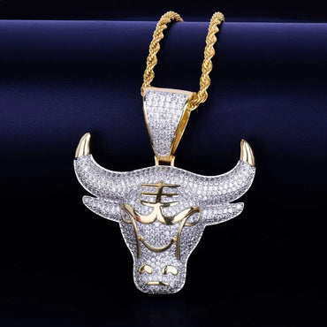 Iced Out Raging Bull Head Pendant | Men's Taurus Zodiac Necklace | Premium Copper CZ Chicago Style Jewelry | Wall Street Wealth Charm | Caratix - CaratixJewelry