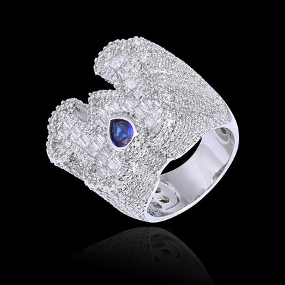 Women's Custom Blue Teardrop Ring | Baguette & Round Hybrid Pave Band | Caratix