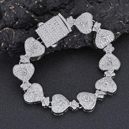 15mm Money Bag Cuban Bracelet Zircon Rapper Chain - CaratixJewelry
