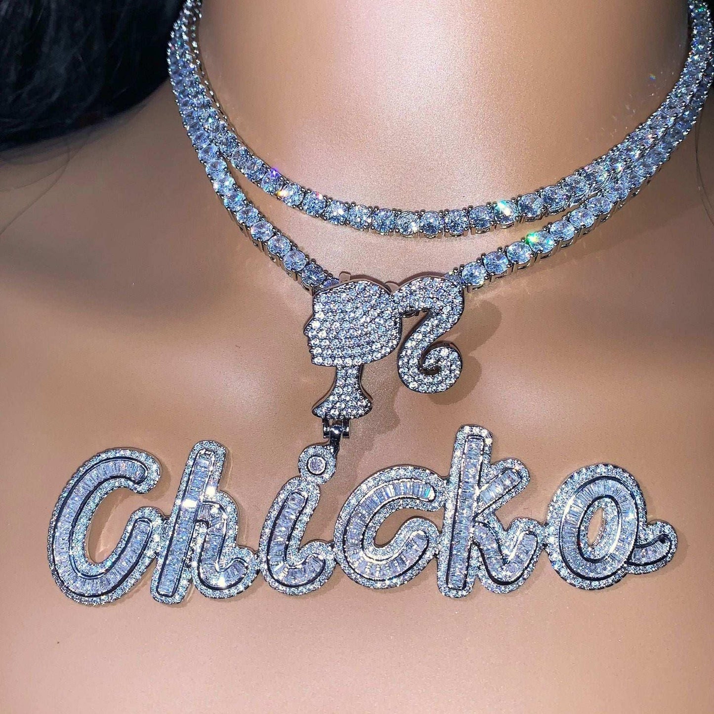 Women’s Letter Pendant Necklace | Iced Out Hip Hop T-Bar Fashion Sweater Chain - CaratixJewelry