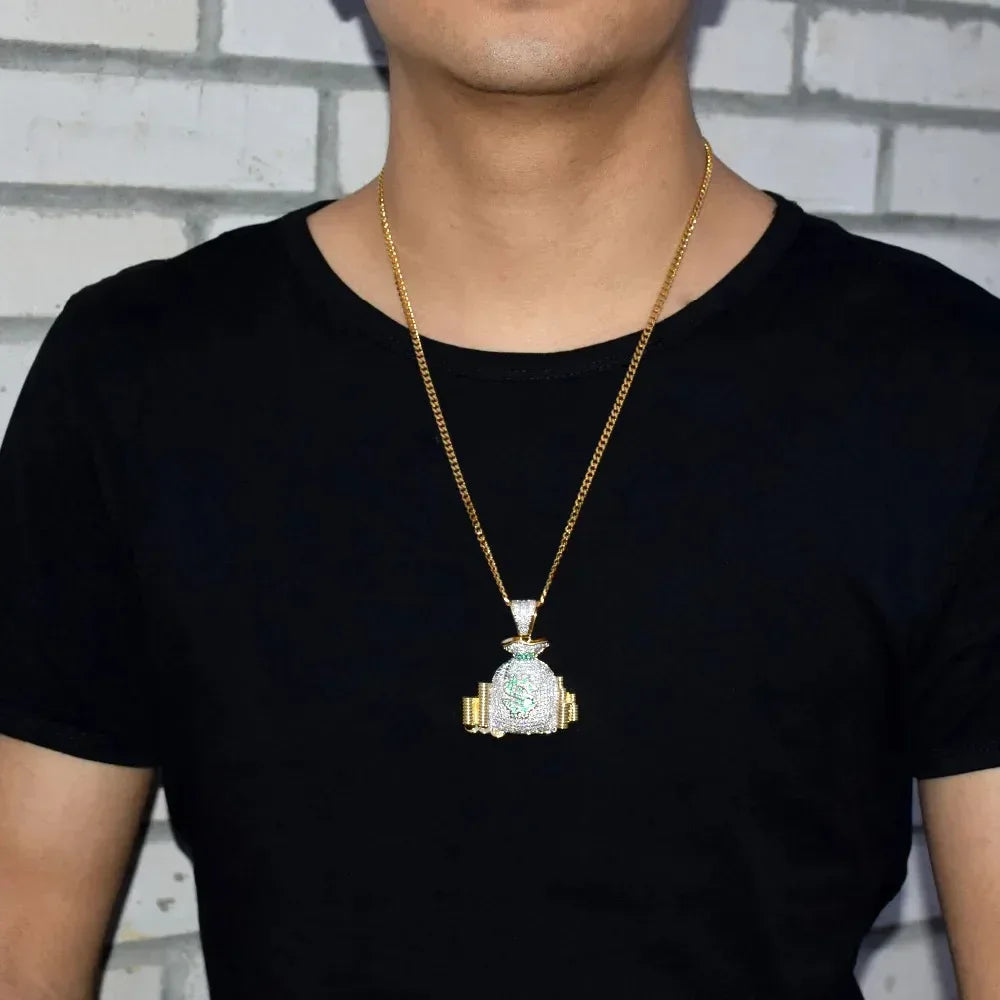 Iced Out Money Bag Pendant | Men's Real Gold Plated Necklace | Premium Copper CZ Dollar Sign Sack | Secure The Bag Jewelry | Caratix - CaratixJewelry
