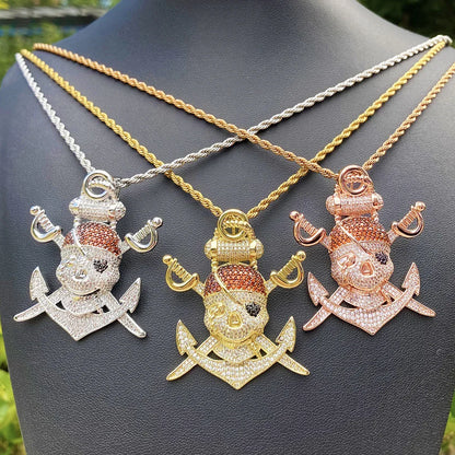 Iced Out Pirate Skull Pendant | Men's 5A CZ "Jolly Roger" Necklace - CaratixJewelry