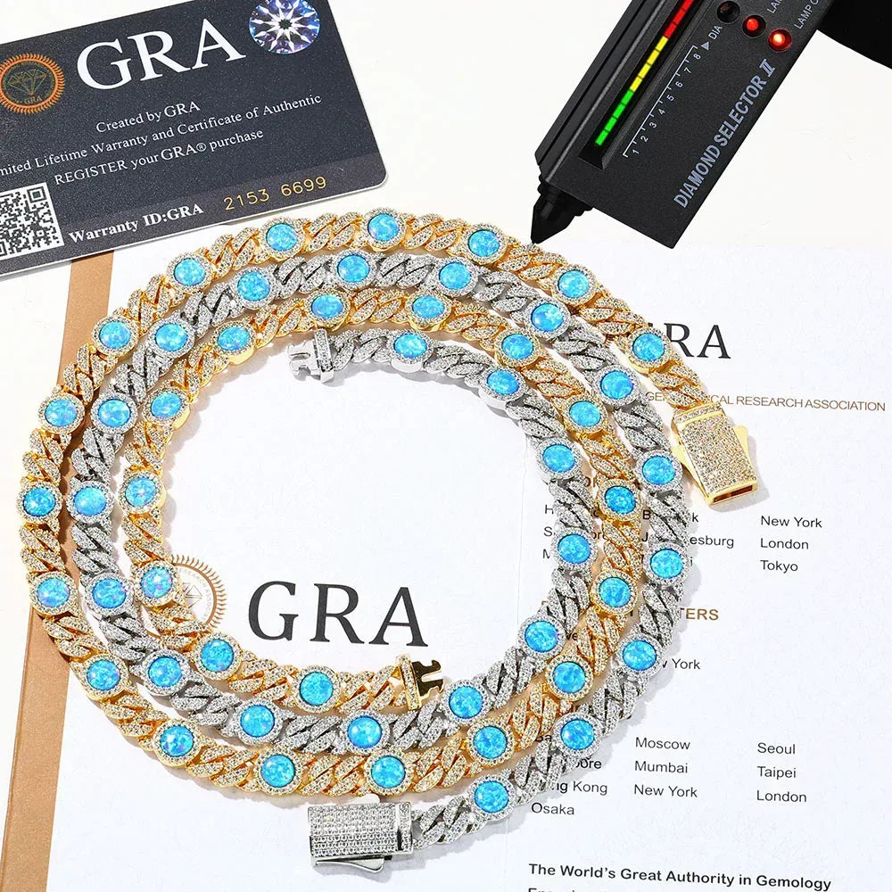 Blue Gemstone Moissanite Cuban Link Chain – Custom S925 Sterling Silver Iced-Out Hip Hop Men’s Trendy Streetwear Necklace - CaratixJewelry
