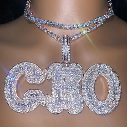 Baguette Script Letter Pendant | DIY CZ Initial Hip Hop Custom Necklace - CaratixJewelry