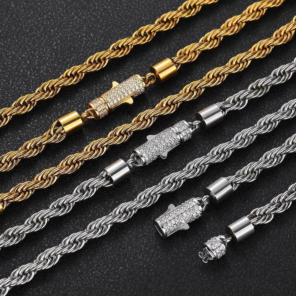 6mm Twist Rope Chain Stainless Steel Necklace with Zircon Clasp Hip Hop Jewelry for Men | Caratix Jewelry - CaratixJewelry