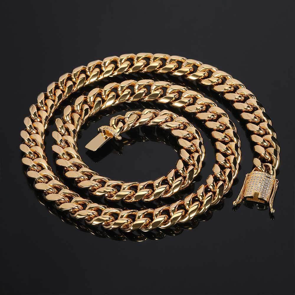 12mm Cuban Chain Necklace with Clasp and 18K Gold Plating for Men | Titanium Steel and Stainless Steel | Caratix Jewelry - CaratixJewelry