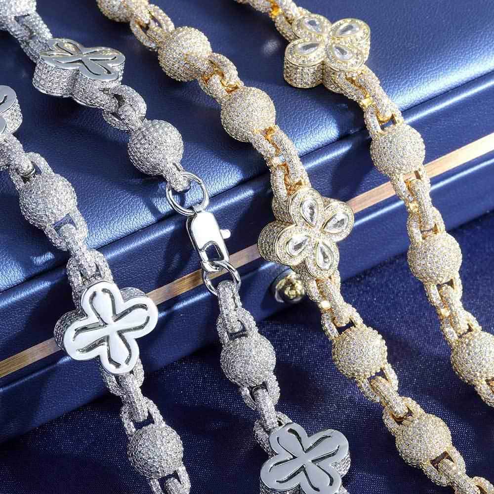 Four-Leaf Clover Moissanite Bead Chain – S925 Sterling Silver Iced-Out Hip Hop Men’s Luxury Streetwear Necklace - CaratixJewelry