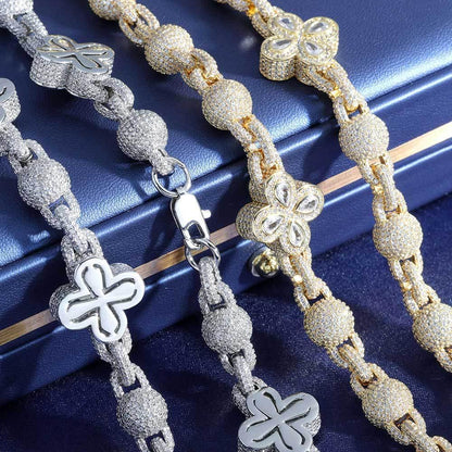 Four-Leaf Clover Moissanite Bead Chain – S925 Sterling Silver Iced-Out Hip Hop Men’s Luxury Streetwear Necklace - CaratixJewelry