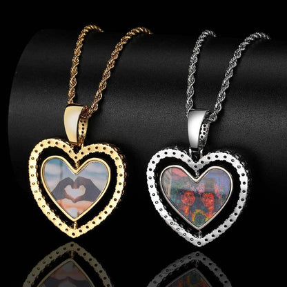 Custom Rotating Double-Sided Heart Photo Pendant Necklace with Zircon Stones | Caratix Jewelry - CaratixJewelry