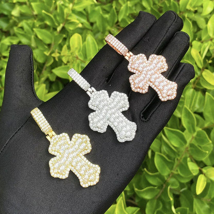 Double Layer Iced Out Baguette Cross Pendant | Men's Real Copper CZ Necklace - CaratixJewelry